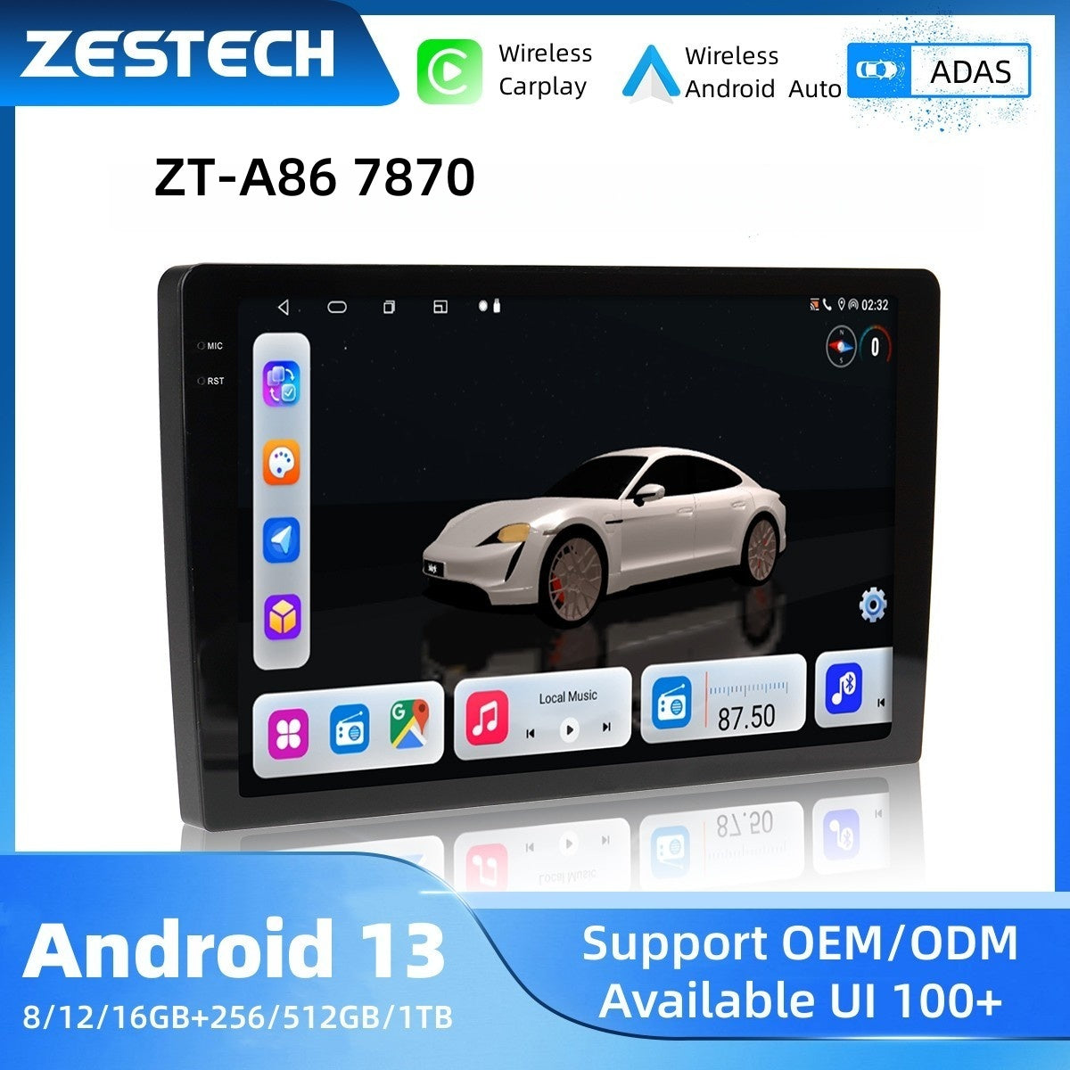 ZESTECH ZT-A86 android Carplay 9 inch 2K screen DVD Car Player GPS Navigation Radio 8 Core heads up car display 12/16GB+512/1TB