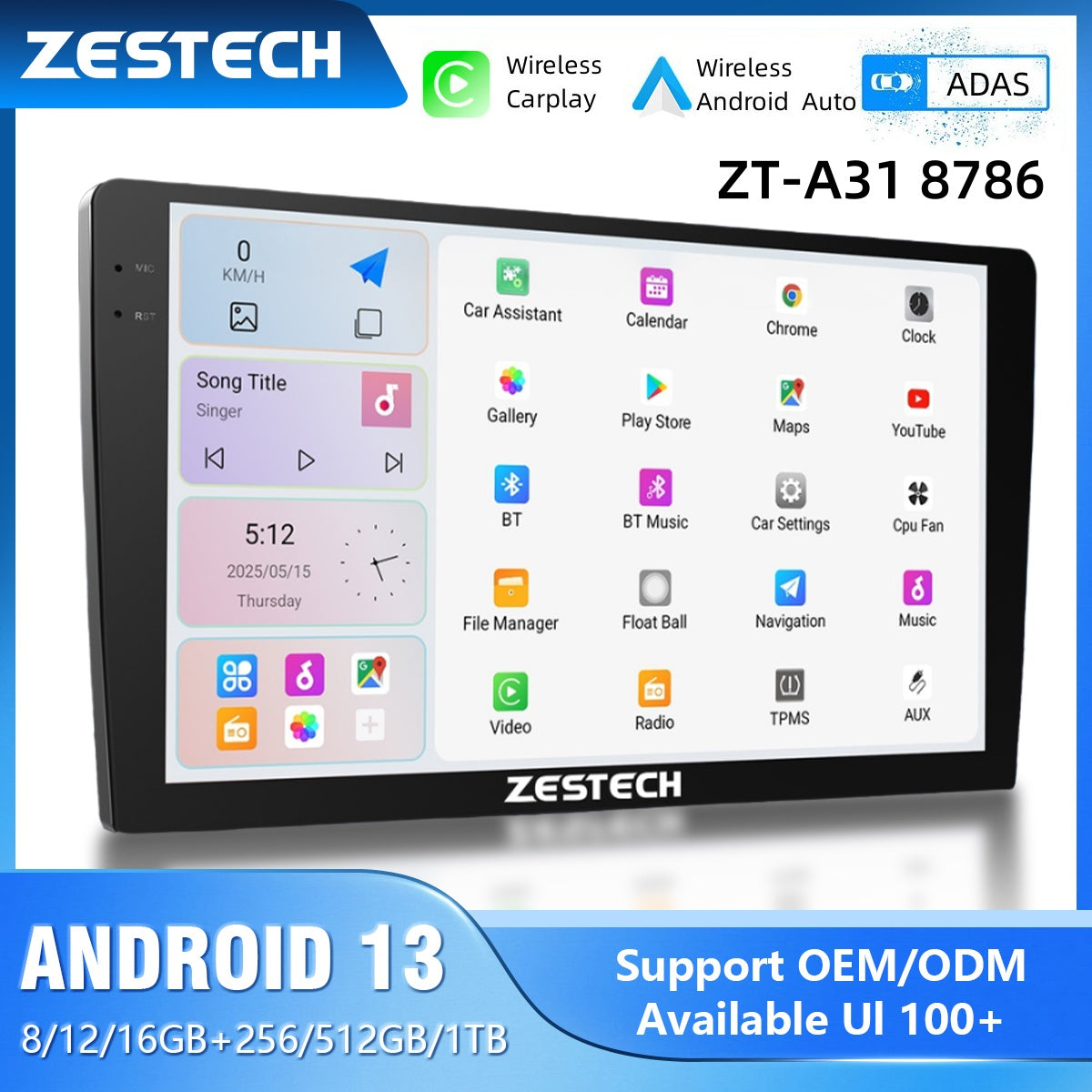 ZESTECH ZT-A31 Car Video autoradio android Carplay 9/10 inch 2K screen DVD 8/12GB+128/256GB