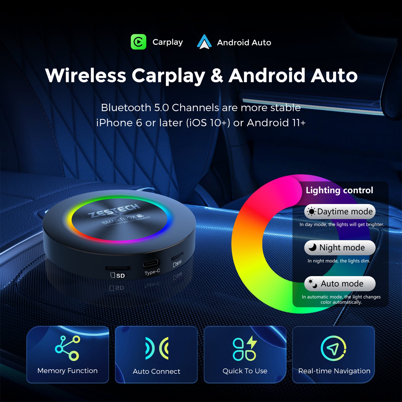 ZESTECH OEM Factory QCM 6115 CarPlay Android Auto Adapter 8GB+128GB Converter Box Android 13.0 Fast Running