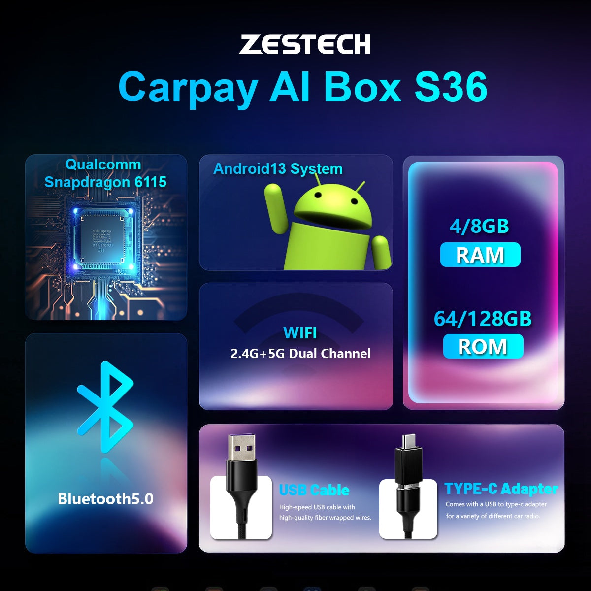 ZESTECH Wireless CarPlay Ai Box 8GB+128GB Android Auto Smart Box QCM 6350 Android 15 Plug and Play Wireless CarPlay Adapter