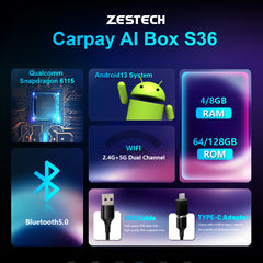 ZESTECH Wireless CarPlay Ai Box 8GB+128GB Android Auto Smart Box QCM 6350 Android 15 Plug and Play Wireless CarPlay Adapter